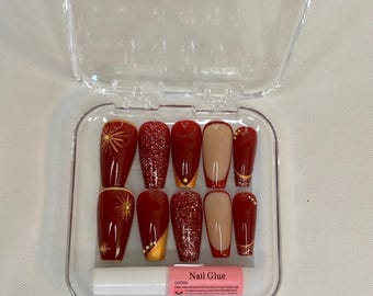 Hand Painted Burgundy and Gold Acrylic Nails