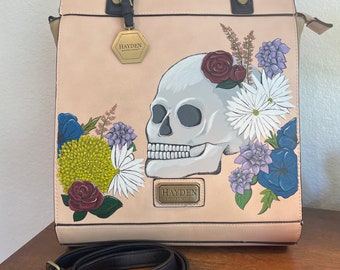 Hand Painted Skull and Flowers Hayden Tote Handbag