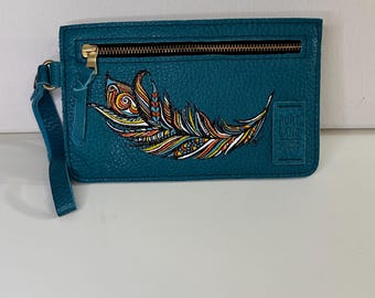Hand Painted Feather Portland Leather Goods Clutch