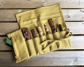 Golden Yellow Denim Tool Roll, Pen, Pencil, Paintbrush Roll - Multiple Sizes With or Without Zip Pocket