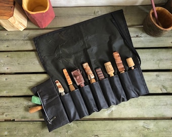 Estuche enrollable de lona encerada para herramientas - Marrón oscuro, bolsillo con cremallera opcional