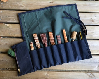 Navy Blue and Forest Green Tool Roll, Pen, Pencil, Paintbrush Roll - Multiple Sizes With or Without Zip Pocket