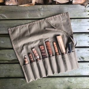 Grey-Beige Waxed Cotton Tool Roll, Pen, Pencil, Paintbrush Roll - Multiple Sizes With or Without Zip Pocket