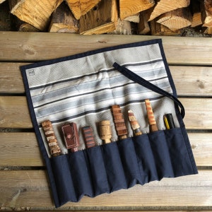 Navy Blue and Striped Cotton Tool Roll, Pen, Pencil, Paintbrush Roll - Multiple Sizes With or Without Zip Pocket