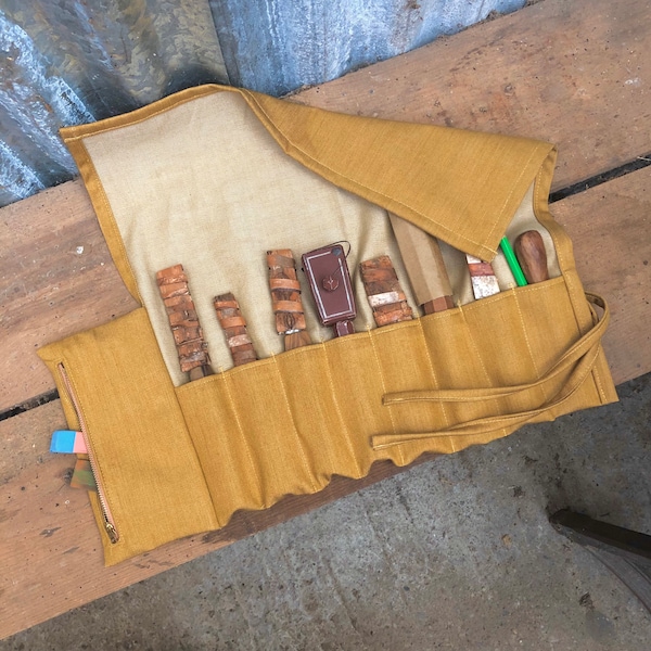 Golden Ochre Denim Tool Roll, Pen, Pencil, Paintbrush Roll - Multiple Sizes With or Without Zip Pocket