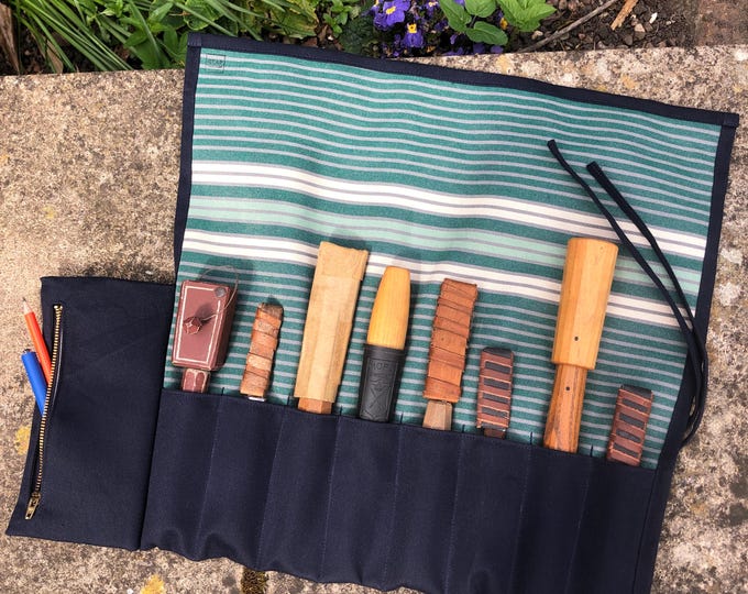 Waxed Canvas Tool Roll: Navy Blue & Green Stripe, Optional Zip Pocket