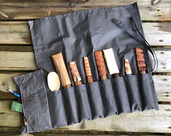 Grey Waxed Cotton Tool Roll, Pen, Pencil, Paintbrush Roll - Multiple Sizes With or Without Zip Pocket