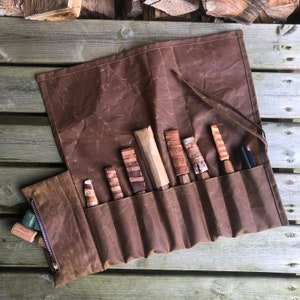 Warm Brown Waxed Canvas Tool Roll, Pen, Pencil, Paintbrush Roll - Multiple Sizes With or Without Zip Pocket