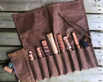 Warm Brown Waxed Canvas Tool Roll, Pen, Pencil, Paintbrush Roll - Multiple Sizes With or Without Zip Pocket