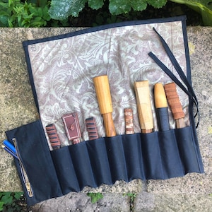 Waxed Canvas and Cotton Tool Roll: Navy Blue and Gold Print, Optional Zip Pocket