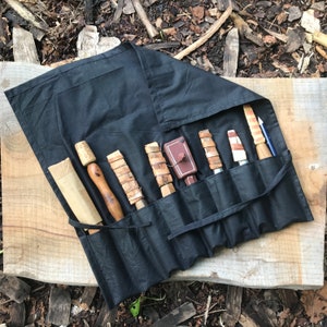 Black Waxed Cotton Tool Roll, Pen, Pencil, Paintbrush Roll - Multiple Sizes With or Without Zip Pocket