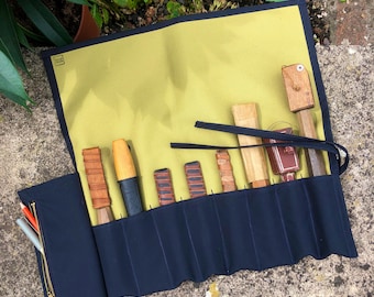 Waxed Cotton and Canvas Tool Roll: Navy Blue and Light Green, Optional Zip Pocket