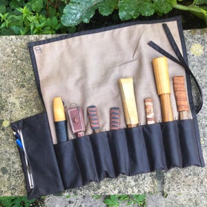 Waxed Canvas and Cotton Tool Roll: Darkest Brown & Beige, Optional Zip Pocket