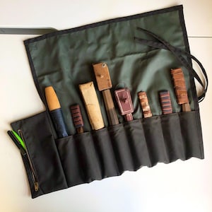 Dark Brown and Muted Forest Green Waxed Canvas Tool Roll - Various Sizes, Optional Zip Pocket