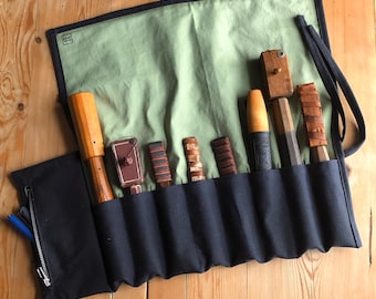 Waxed Canvas and Cotton Tool Roll: Navy Blue and Light Green, Optional Zip Pocket