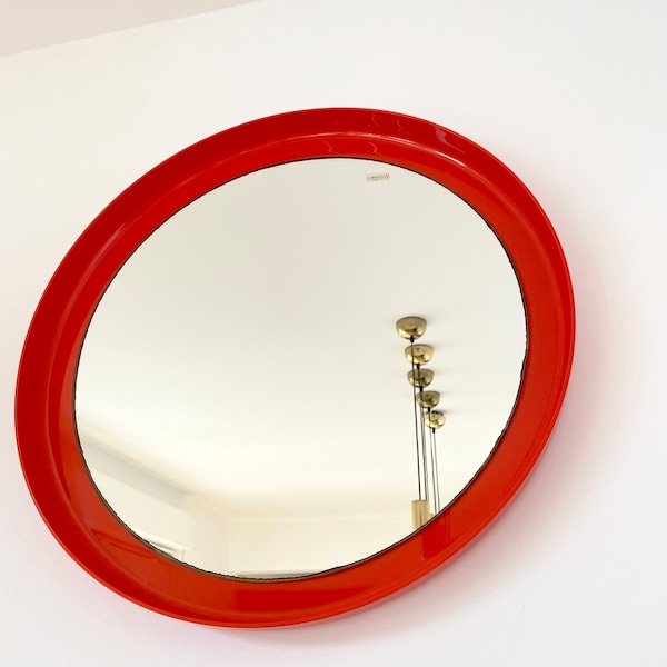 Retro Mirror / Round Wall Mirror / Space Age Mirror /70's / Pop Art Mirror / Guzzini / Vintage Mirror / Red -orange / Plastic / Large mirror