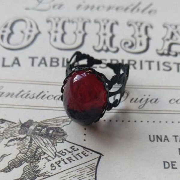 Gothic Vampire red ring • Adjustable ring • Black metal red crystal ring • Black metal ring