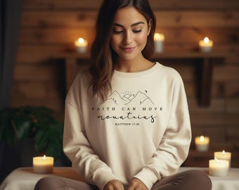 Sudadera "La fe mueve montañas" - Ropa religiosa - Versículo bíblico de Mateo 17:20 - Regalo inspirador para mujeres, niños, hombres y amantes de la fe