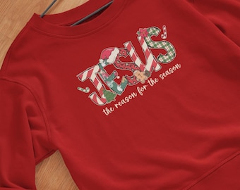 Sudadera "Jesús es la razón de la temporada", diseño cristiano de patchwork navideño, gráfico de fe festiva