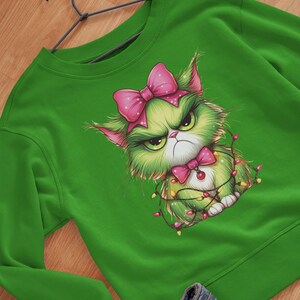 Felpa con gatto natalizio scontroso, disegno di gatto verde per le feste, design di luci festive