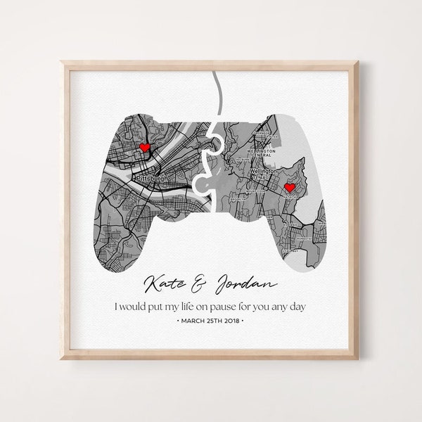 Gamer Couple Custom Map Gift | Long Distance Relationship Gift | Romantic Fun Modern Keepsake | Personalized Anniversary For Her For Him