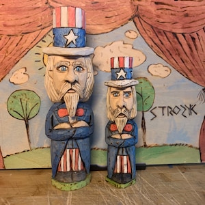 Hand-carved Folk Art Uncle Sam Basswood Figurine - Available in 2 sizes