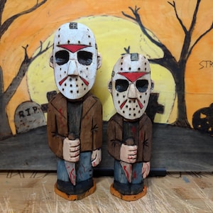 Statuetta di Jason Vorhees intagliata a mano in legno di tiglio, arte popolare