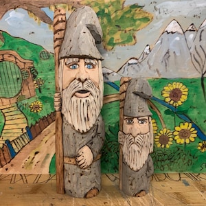 Hand carved Folk Art Walking Wizard with his staff . Gandalf the Gray.