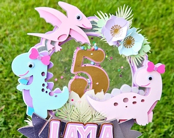 Personalized Pink Dino Shaker Cake Topper – Girl Dinosaur Party Decor