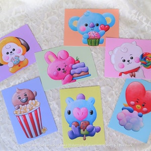 ベイビー BT21 - メンバー全員 - 7枚セット - グリーティングカード/プリント BTS ファンアート - 5 x 7 インチ - カードストック - Cooky RJ Mang Chimmy Shooky Koya Tata