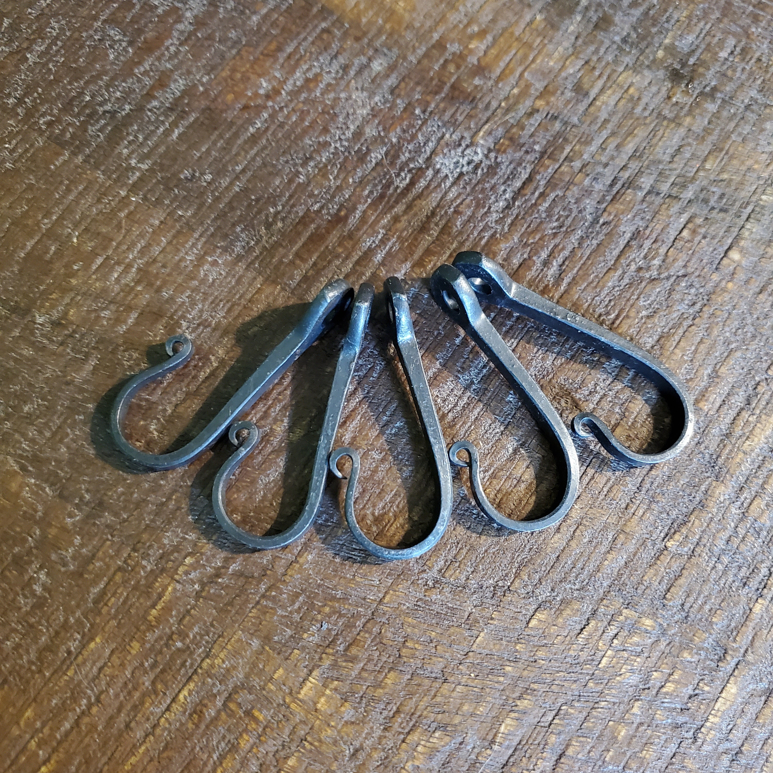 Set Of 5 Hand-Forged Horseshoe Nail Hooks | 2 3/8" J Hooks, Gun Metal Gray, Rustic Decor