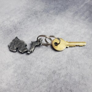 Puede incluir: Un llavero de metal plateado con forma de lago con textura martillada. El llavero est&aacute; unido a un llavero plateado y una llave de casa dorada.