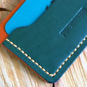 Leren portemonnee kaarthouder minimalistische stijl handgemaakt, oranje turkoois kleuren