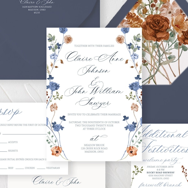 Sweet Autumn Wedding Invitation, Fall Flower Wedding Invitation with Modern Calligraphy, Burnt Orange and Blue Flowers Wedding Suite