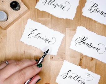 Hand Torn Paper Wedding Place Cards with Modern Calligraphy