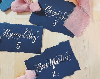 Vintage Ribbon Wedding Place Cards, Hand Torn Paper Escort Cards, Black Place Cards