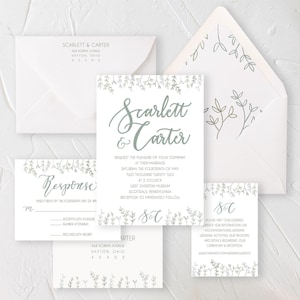 Sage green wedding invitation, vine and botanical wedding suite, greenery wedding invite, monogram invite