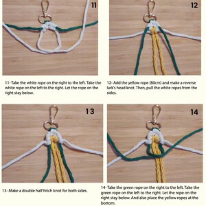 May include: Step-by-step instructions for making a macrame keychain with green, white, and yellow cords. The instructions show how to tie knots and create a loop for attaching keys.