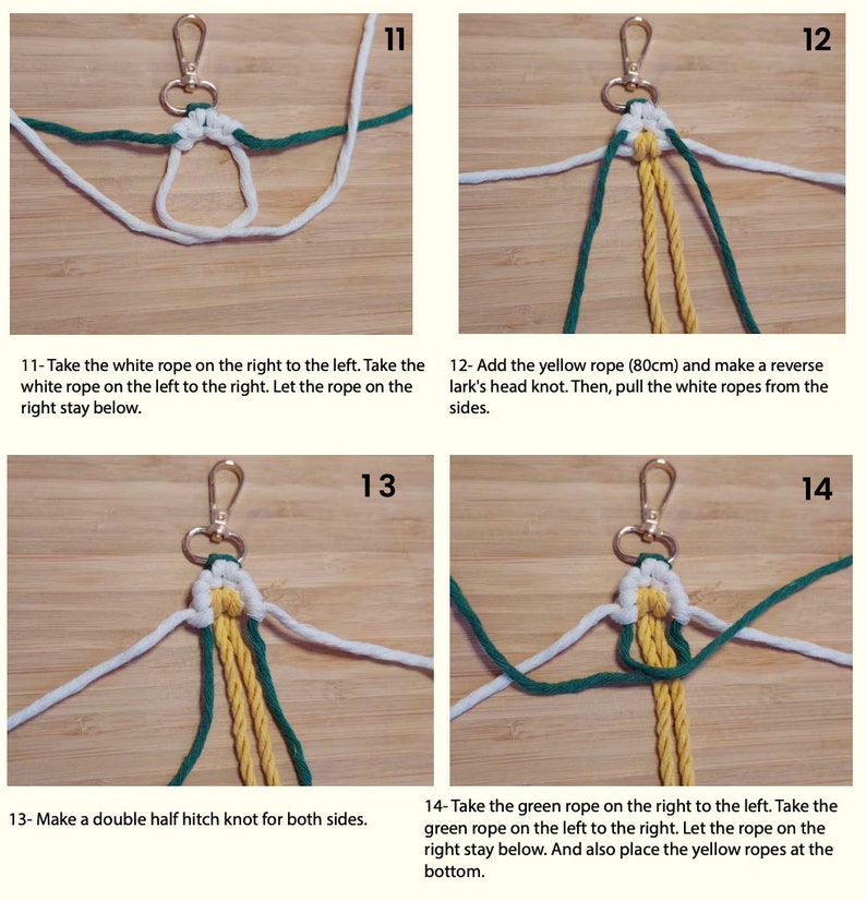 May include: Step-by-step instructions for making a macrame keychain with green, white, and yellow cords. The instructions show how to tie knots and create a loop for attaching keys.