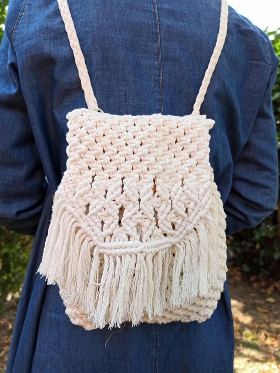 Macrame Backpack Purse - Handmade Boho Fringe Bucket Bag  display picture 1