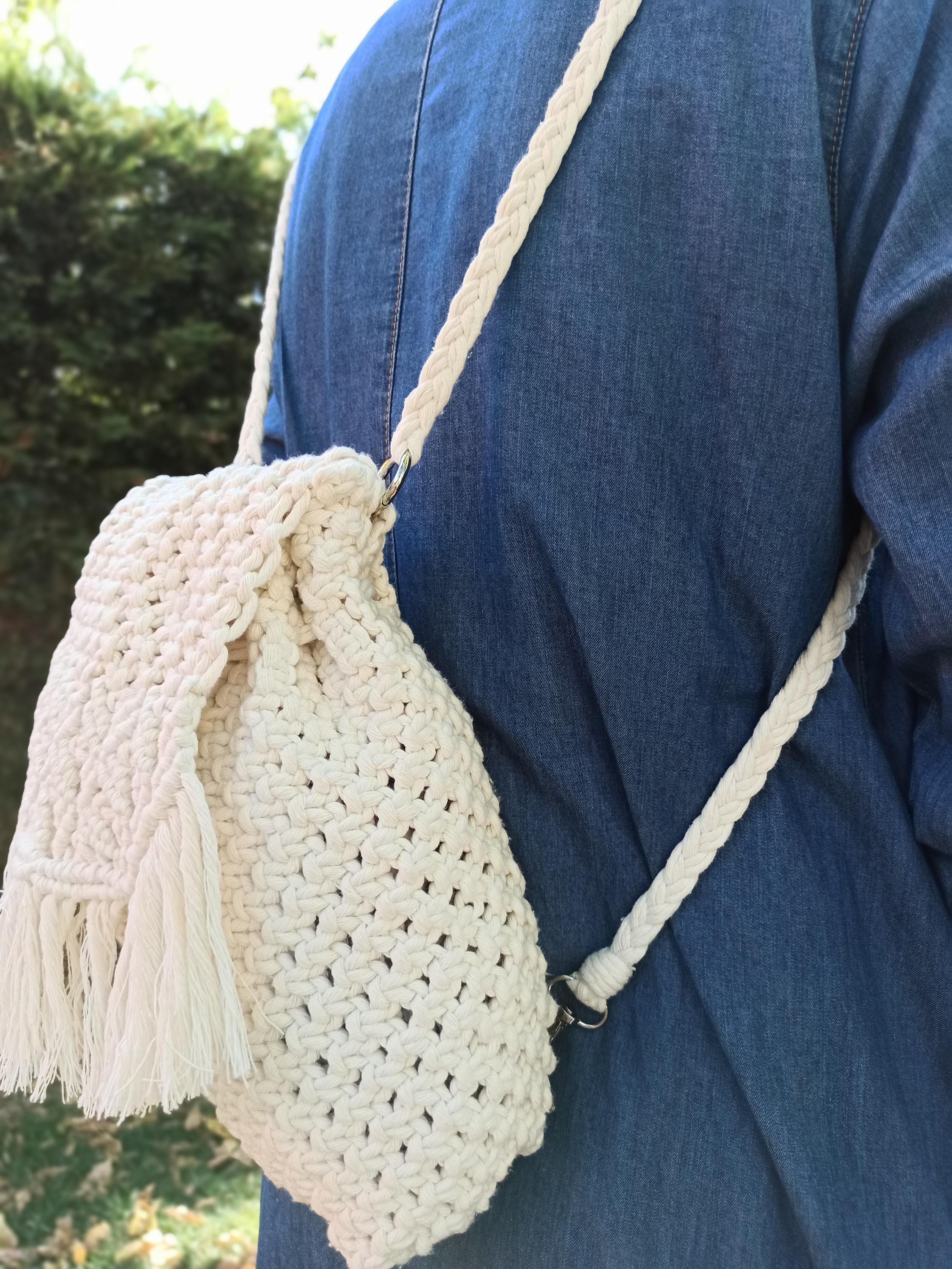 Handwoven Cream Boho Macrame Mini Backpack W/Adjust. Straps & Drawstring Closure Macrame Cream Drawstring Boho Festival Coastal Backpack  main image 2