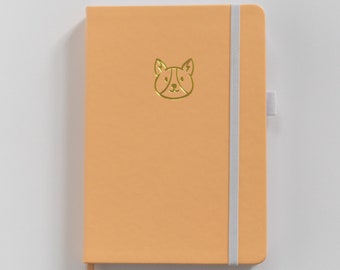 Pastel Yellow Corgi Dotted Bullet Journal Notebook Faux Vegan Cover Elastic Band, Expandable Pocket, Pen Loop, 180GSM Paper