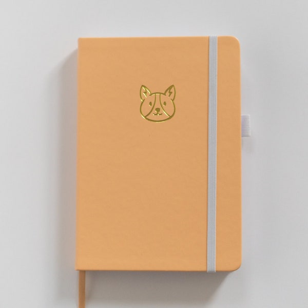 Pastel Yellow Corgi Dog Dotted Journal A5 Notebook Faux Vegan Cover Elastic Band, Expandable Pocket, Pen Loop, 180GSM Paper, Bujo, Bullet