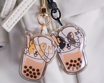 Corgi Bubble Tea Tan Tri Colour Color Acrylic Double Sided Keychain - Cute Dog Decorative Charm
