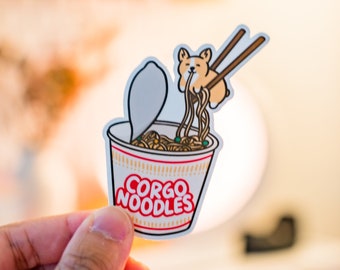 Cup Noodle Ramen Food Corgi Sticker - Vinyl Matte Weatherproof Scratchproof Cute Dog Die Cut for Car, Laptop, Water Bottle