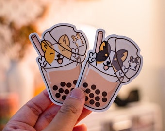 Pegatina de Boba de té de burbujas de Corgi: vinilo mate, resistente a la intemperie y a los arañazos, troquelada con un lindo perro Corgi para coche, portátil y botella de agua