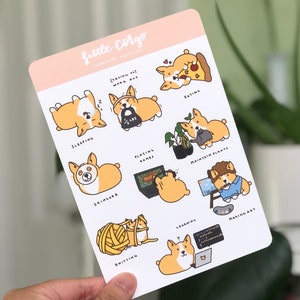 Little Corgo Activités préférées - Matte Weatherproof Cute Corgi Dog Kawaii Kiss Cut Sticker Sheet for Laptop, Planner, Journal