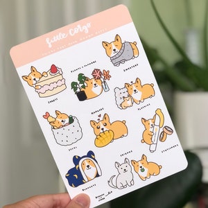 Little Corgo "Things That Make Me Happy" - Matte Weerbestendige Schattige Corgi Hond Kawaii Kiss Cut Sticker Sheet voor laptop, Planner, Journal