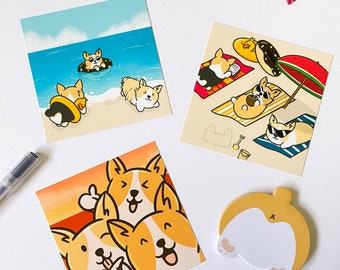 Mango the Corgo Beach Day Art Prints - Cute Kawaii Corgi Dog Bullet Journal Planner Notebook Decorative