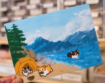 Coastal Campers - Pembroke Welsh Cardigan Corgi Camping Art Illustration Decorative Digital Painting A5 5x7&quot; Matte Print